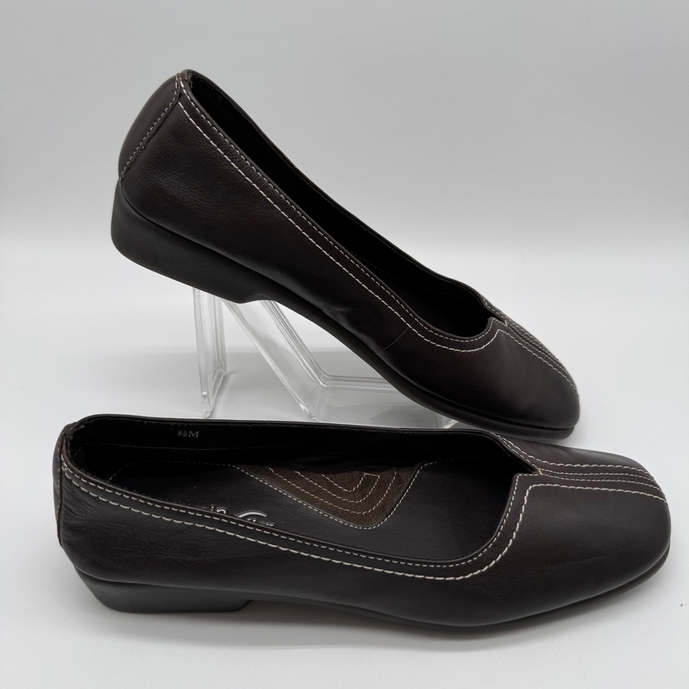 Jasmin Flex Brown Leather Comfort Flats White Stitch Slip On Loafer Shoes 8.5M